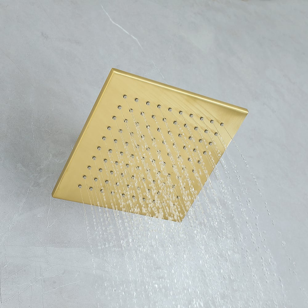 Waterfall Tub Spout Shower Faucet Set with Rain Shower Head Wall Mounted in Brushed Gold window image