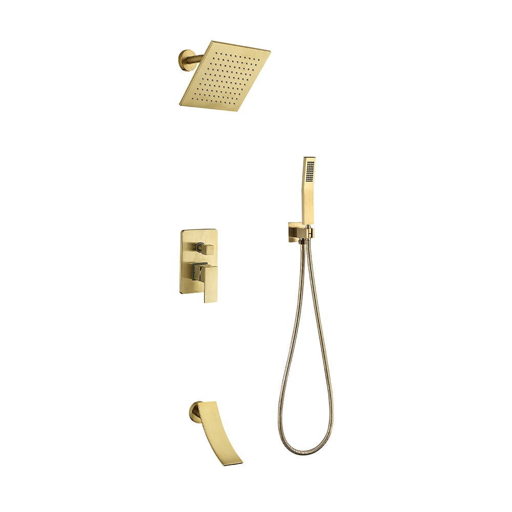 Waterfall Tub Spout Shower Faucet Set with Rain Shower Head Wall Mounted in Brushed Gold window image