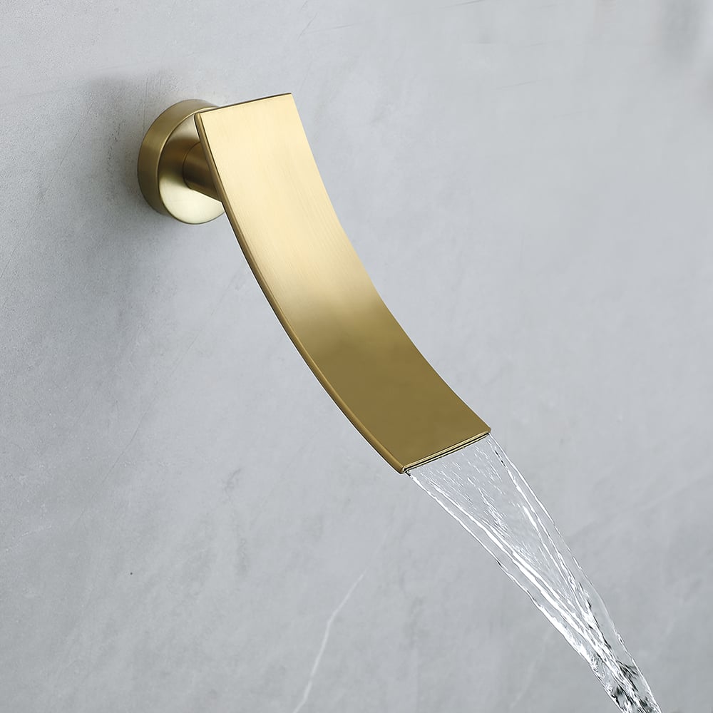 Waterfall Tub Spout Shower Faucet Set with Rain Shower Head Wall Mounted in Brushed Gold window image