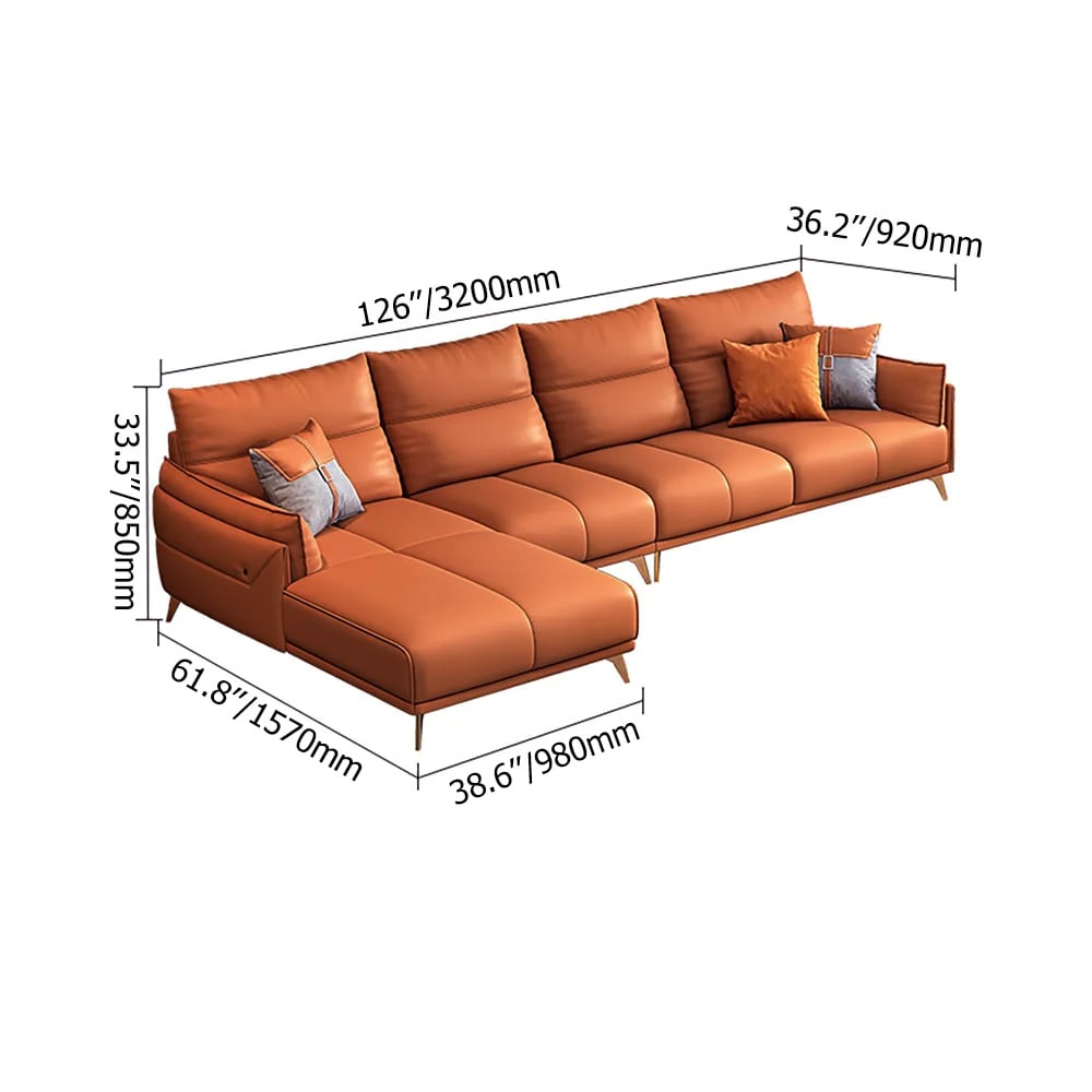 126" Modern L-Shaped Orange Upholstered Sectional Sofas with Chaise weights dimensions image