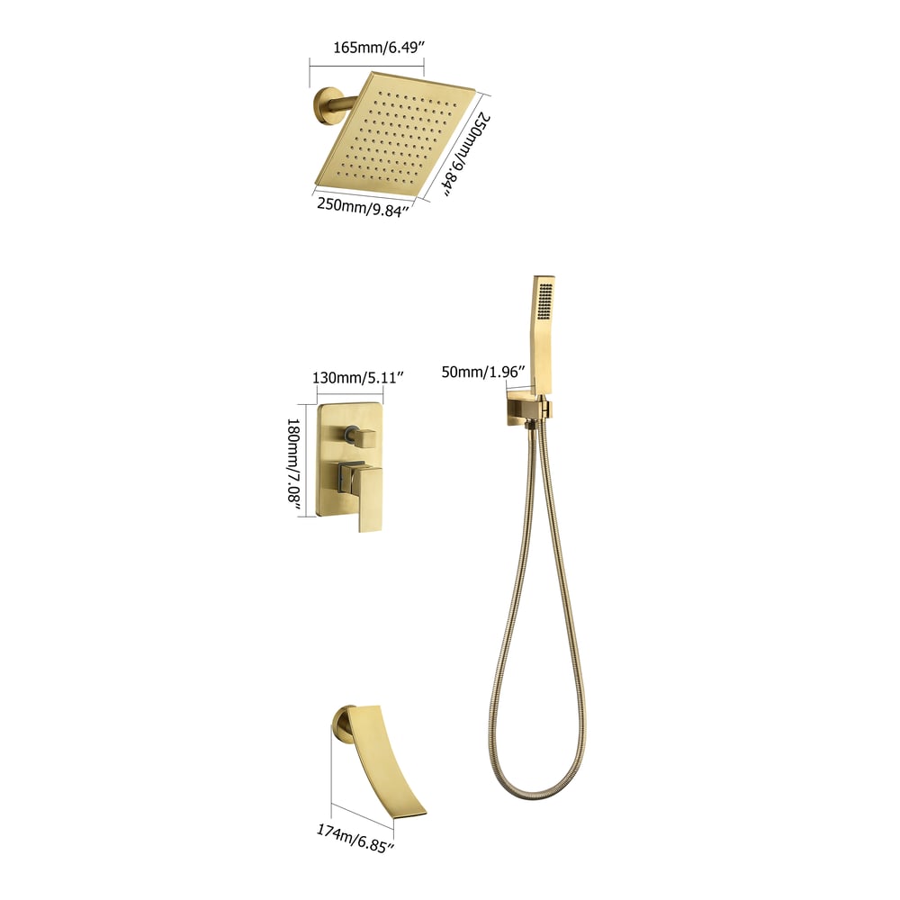 Waterfall Tub Spout Shower Faucet Set with Rain Shower Head Wall Mounted in Brushed Gold weights dimensions image