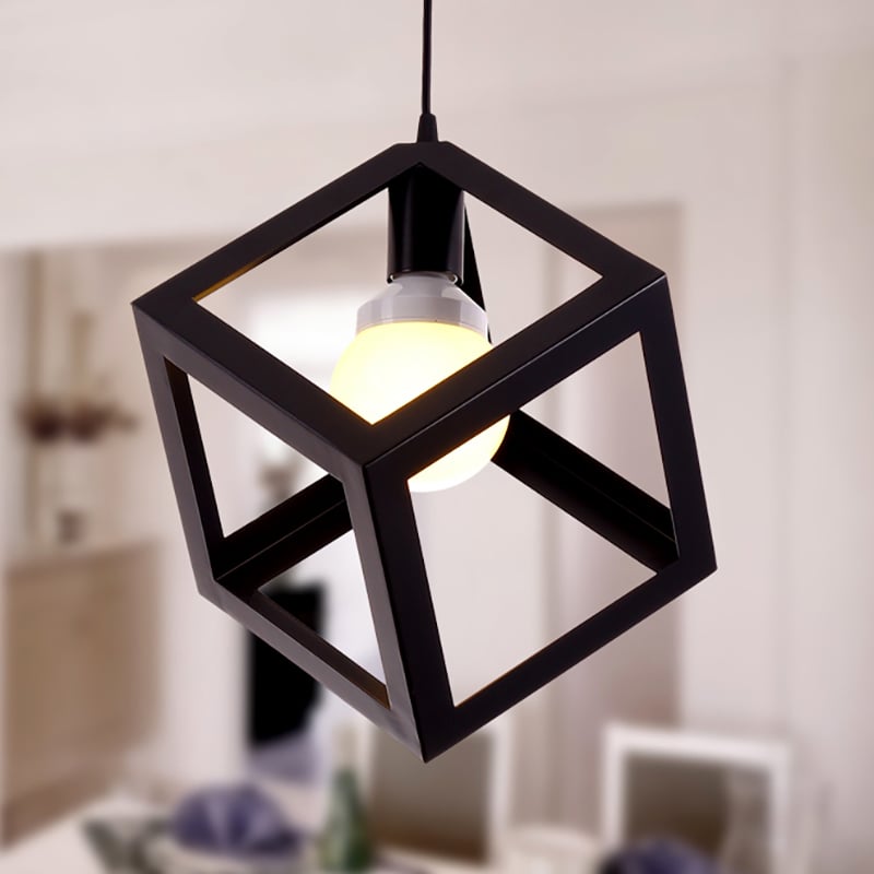 Modern Black Single-Light Pendant Light with Geometric Framework window image