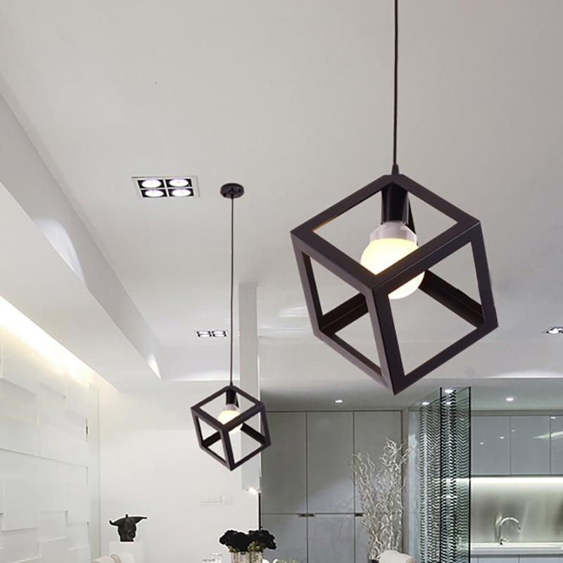 Modern Black Single-Light Pendant Light with Geometric Framework window image