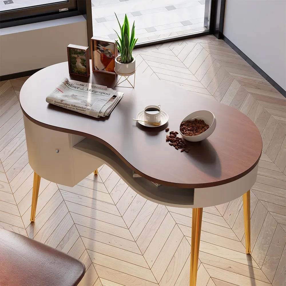 Modern White & Gold Curved Office Desk Computer Desk with Shelf & Storage window image