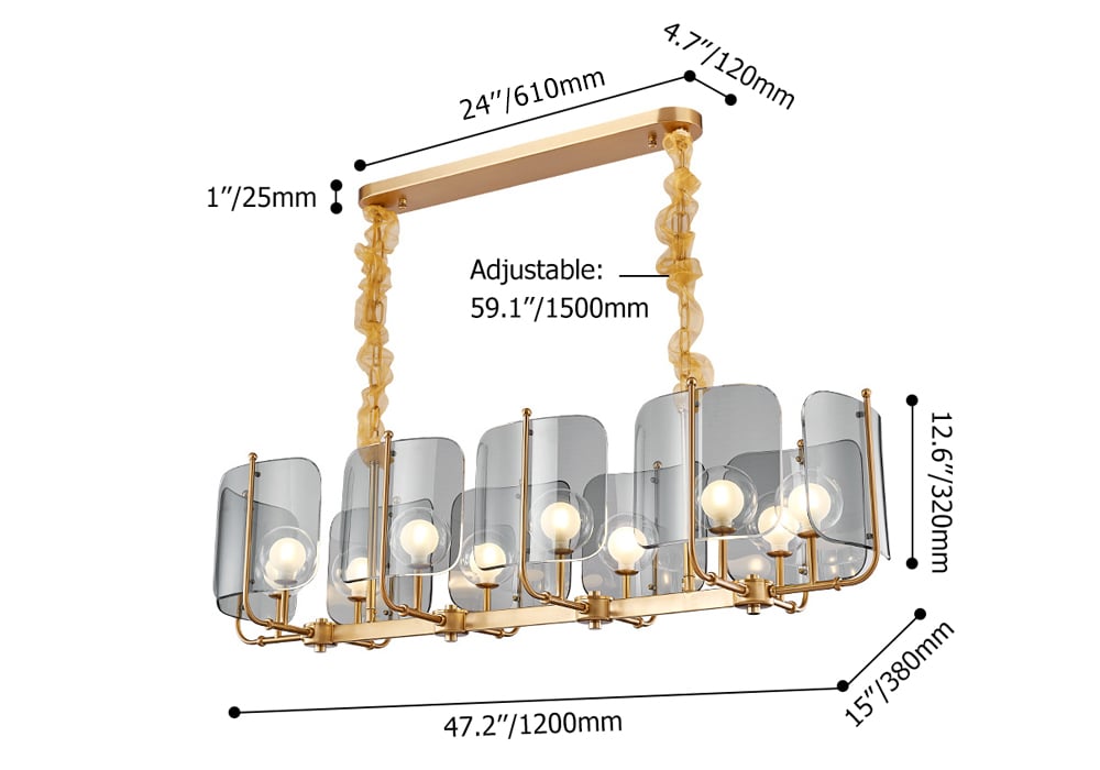 Postmodern 10-Light Brass & Grey Kitchen Island Light with Adjustable Chains weights dimensions image