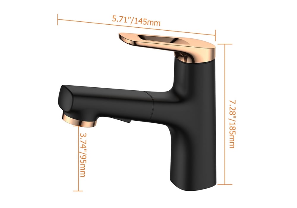 Zwart-goud Wastafelkraan met enkele hendel en uittrekbare sproeier Massief messing Afbeelding met gewichten en afmetingen