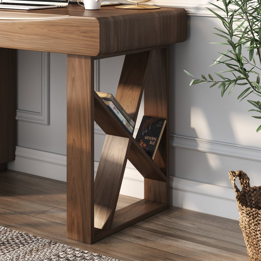 47.2" Modern Walnut Wood Writing Desk with Hutch Office Desk with 5 Drawers & Storage