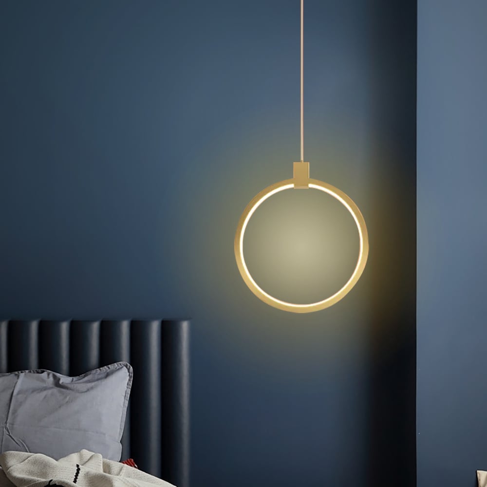 Modern Single LED Pendant Light Brass Ringed Hanging Light in Gold window image