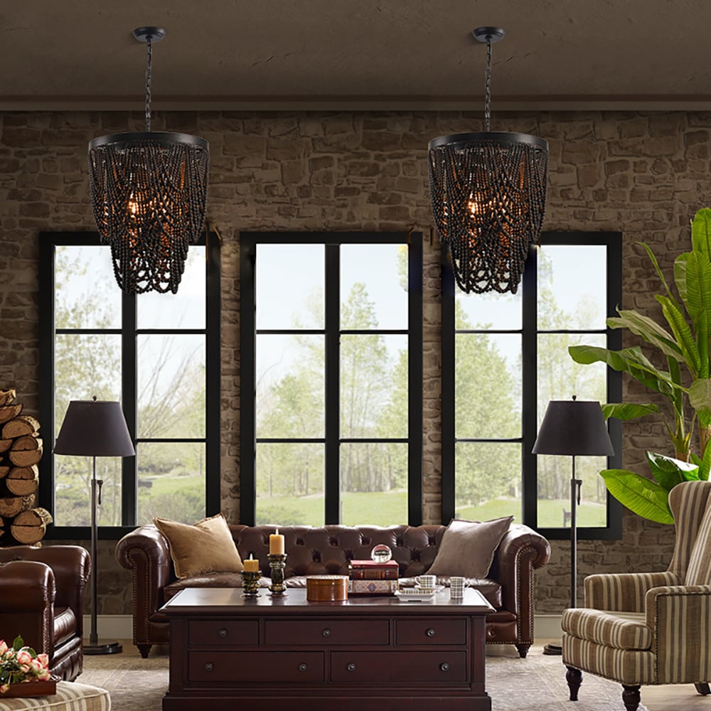 Boho Dark Brown Wooden Draped Bead 3-Light Chandelier window image