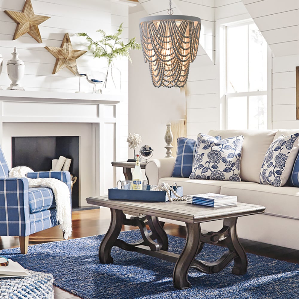 Rustic Farmhouse Wooden Bead Cascade 3-Light Chandelier in White window image