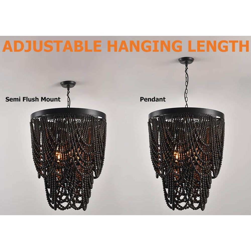 Boho Dark Brown Wooden Draped Bead 3-Light Chandelier window image