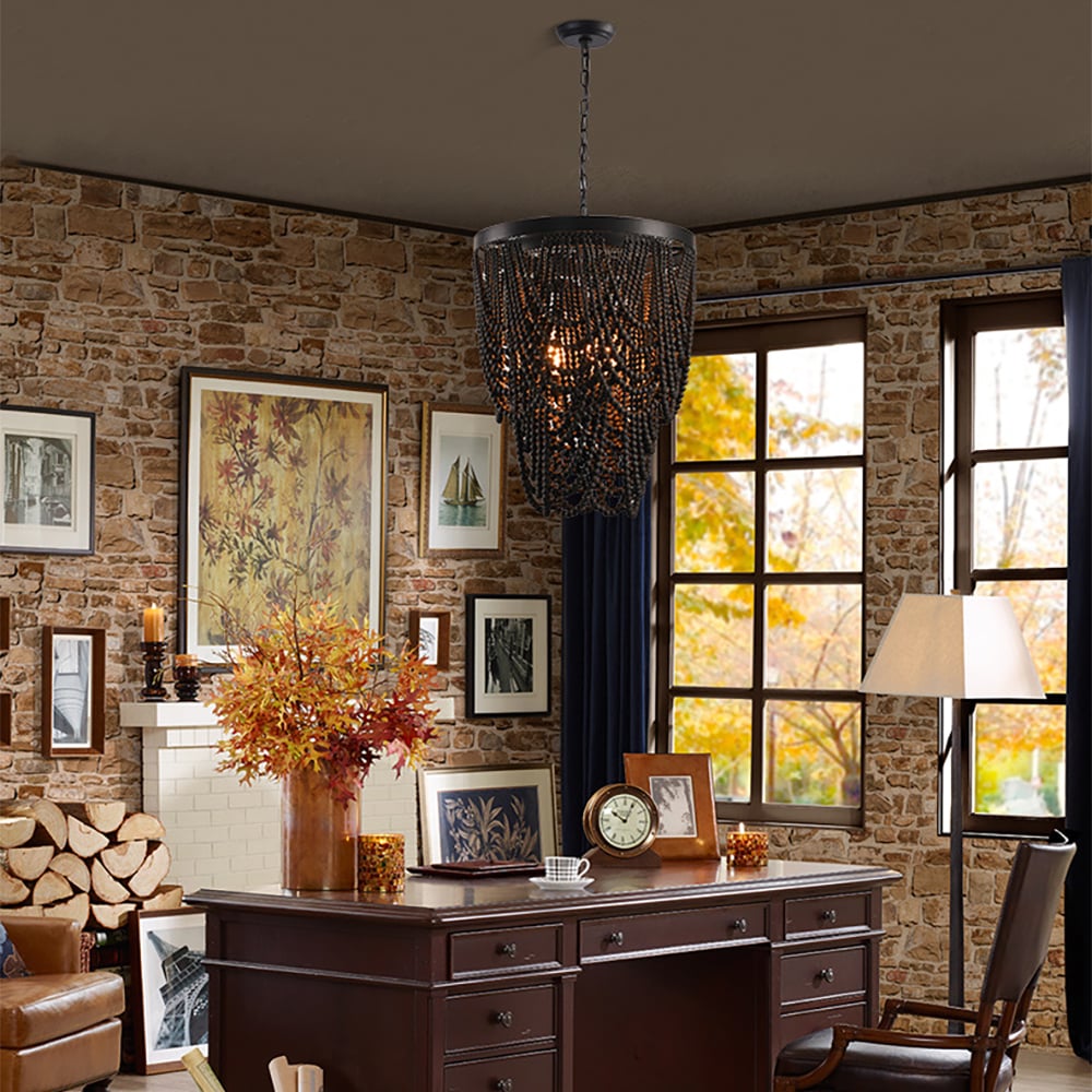 Boho Dark Brown Wooden Draped Bead 3-Light Chandelier window image