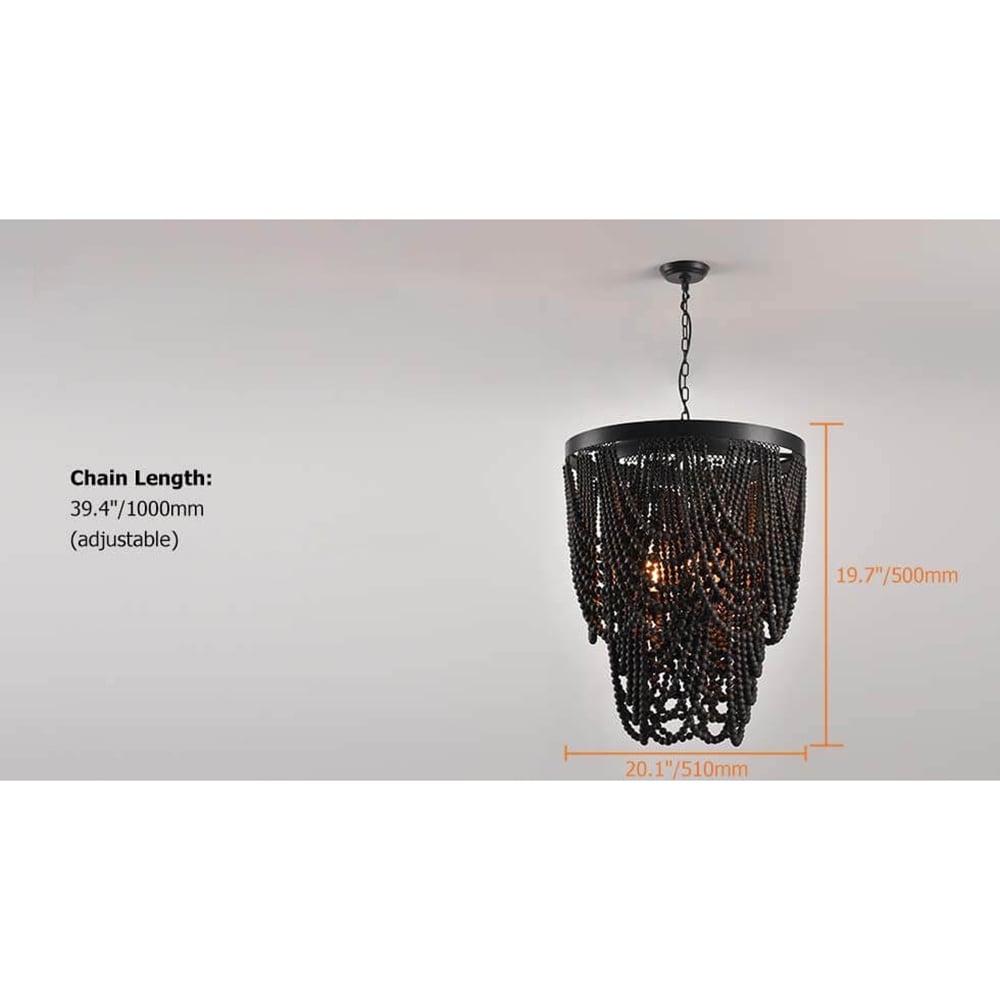 Boho Dark Brown Wooden Draped Bead 3-Light Chandelier weights dimensions image