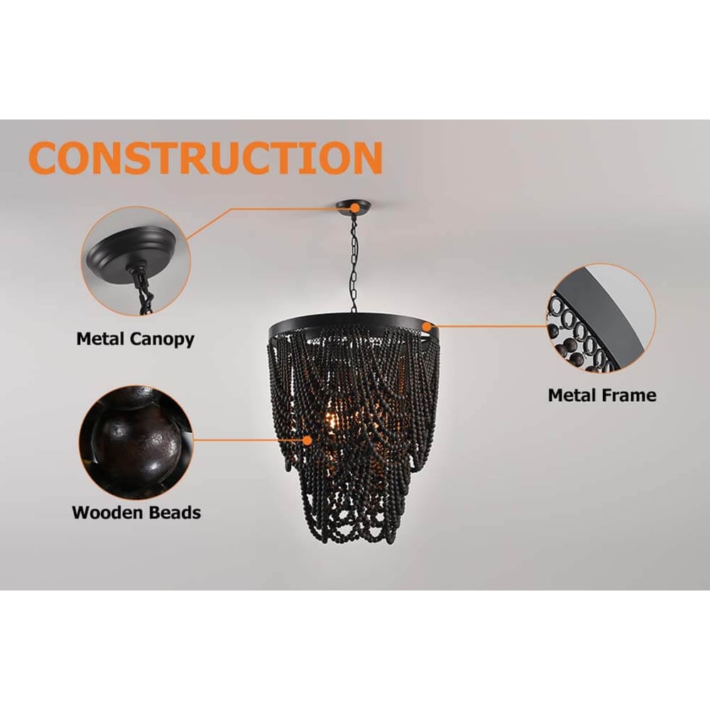 Boho Dark Brown Wooden Draped Bead 3-Light Chandelier window image