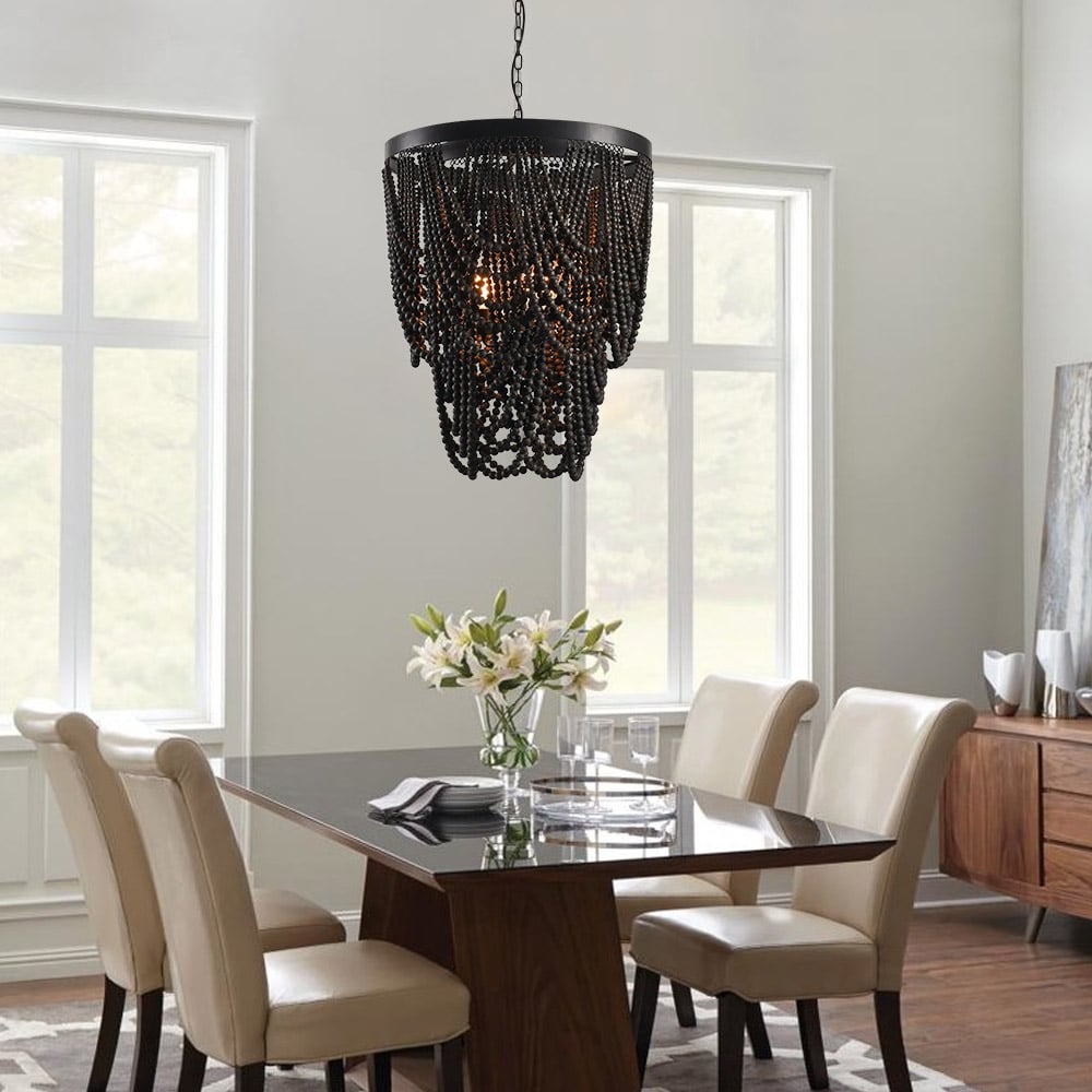 Boho Dark Brown Wooden Draped Bead 3-Light Chandelier window image