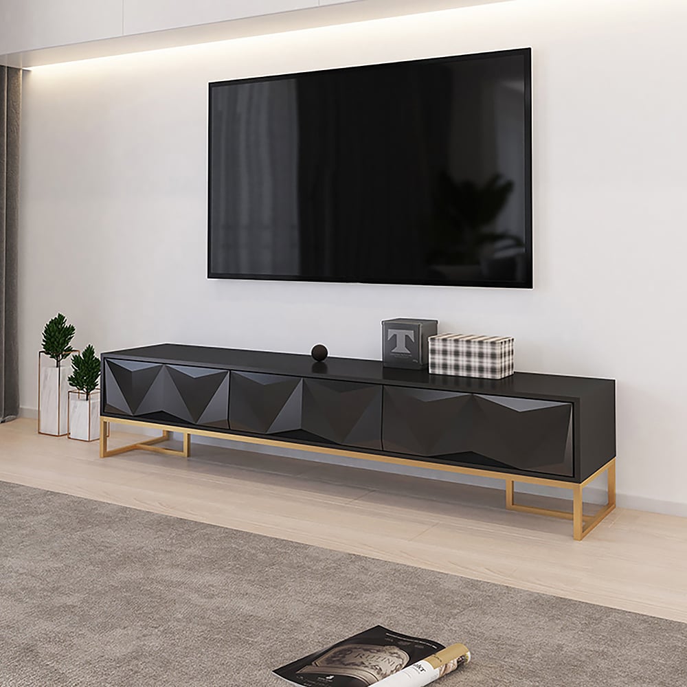 Nordic Black TV Stand 3D Embossed Surface Media Console 3 Drawers in Small window image