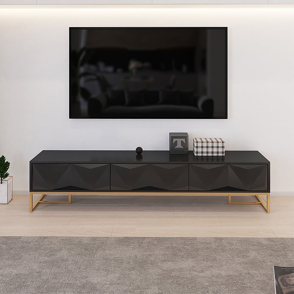Nordic Black TV Stand 3D Embossed Surface Media Console 3 Drawers in Small window image