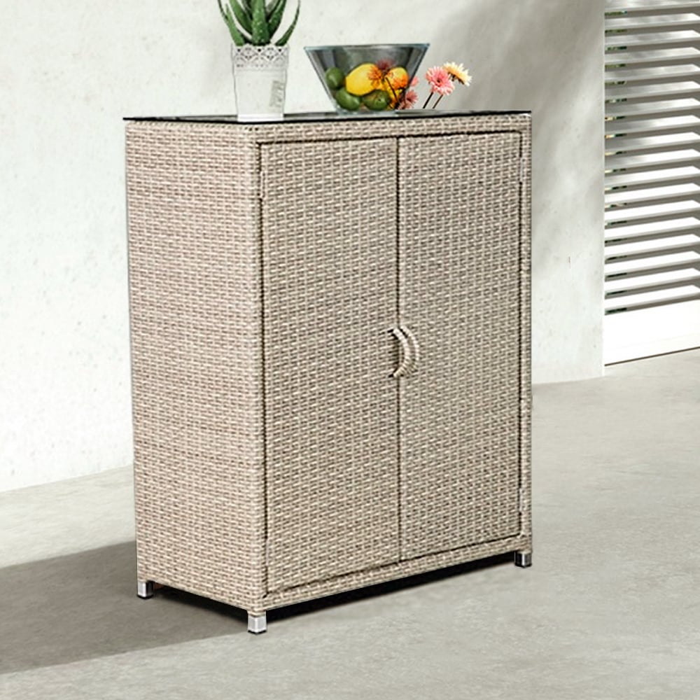 Opbergkast van geweven beige rotan voor binnen en buiten, accentkast, entree, balkon, gang Vensterafbeelding