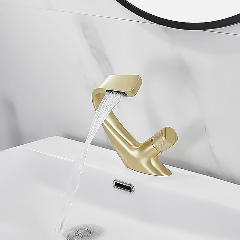 Contemporary Creative Single Handle 1-Hole Waterfall Bathroom Sink Faucet Brushed Gold window image