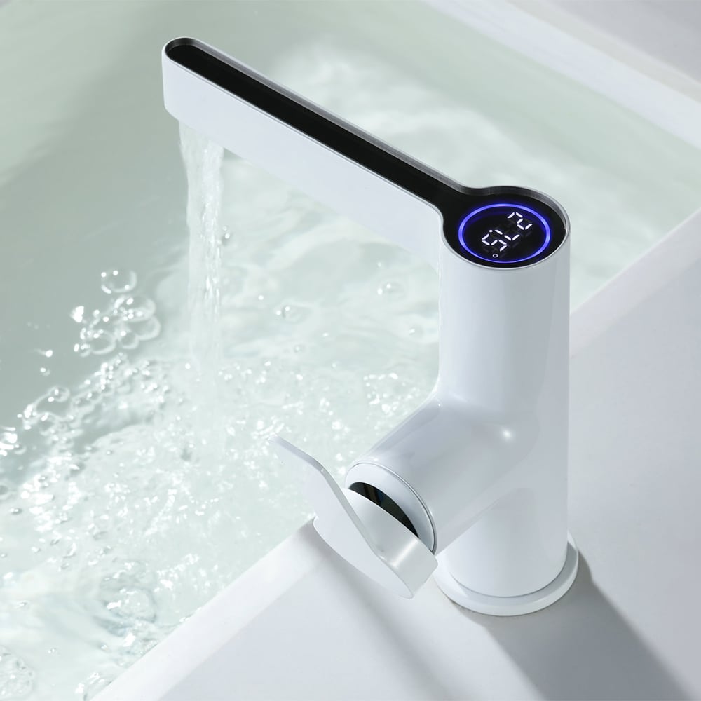 Modern White Single Hole Bathroom Basin Tap Intelligence Temperature Digital Display window image
