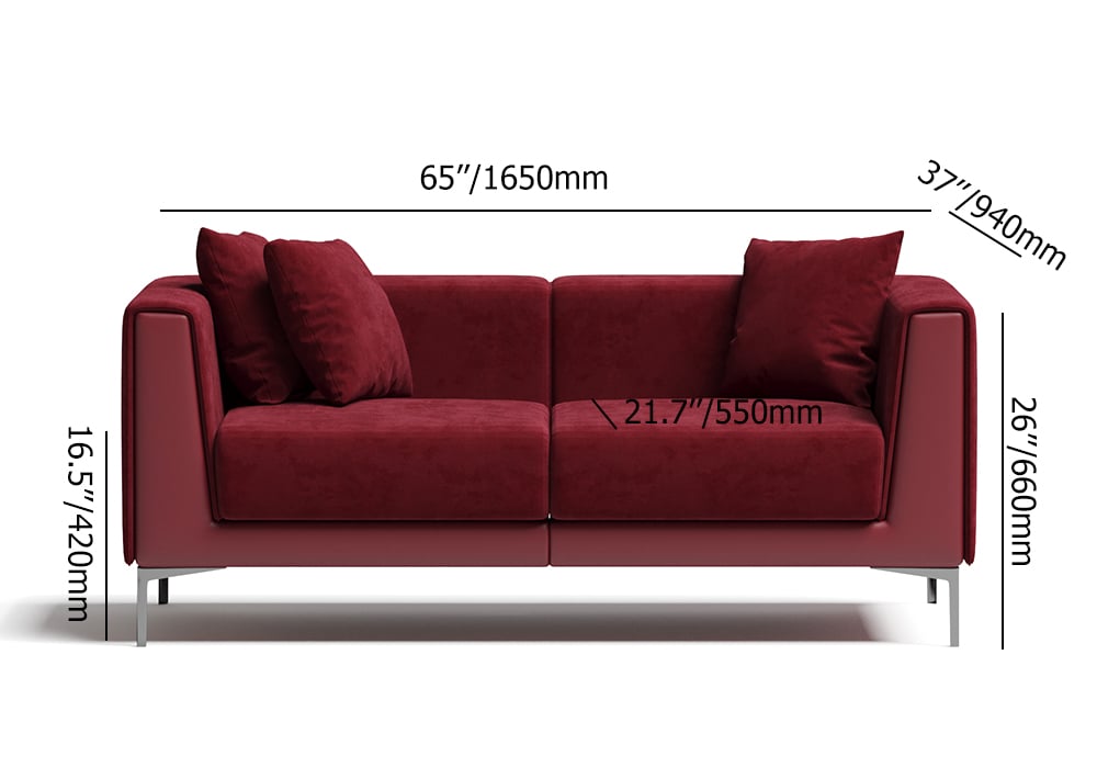 65" Wine Red Modern Modular Velvet Living Room Deep Sofa for 2 Seaters weights dimensions image