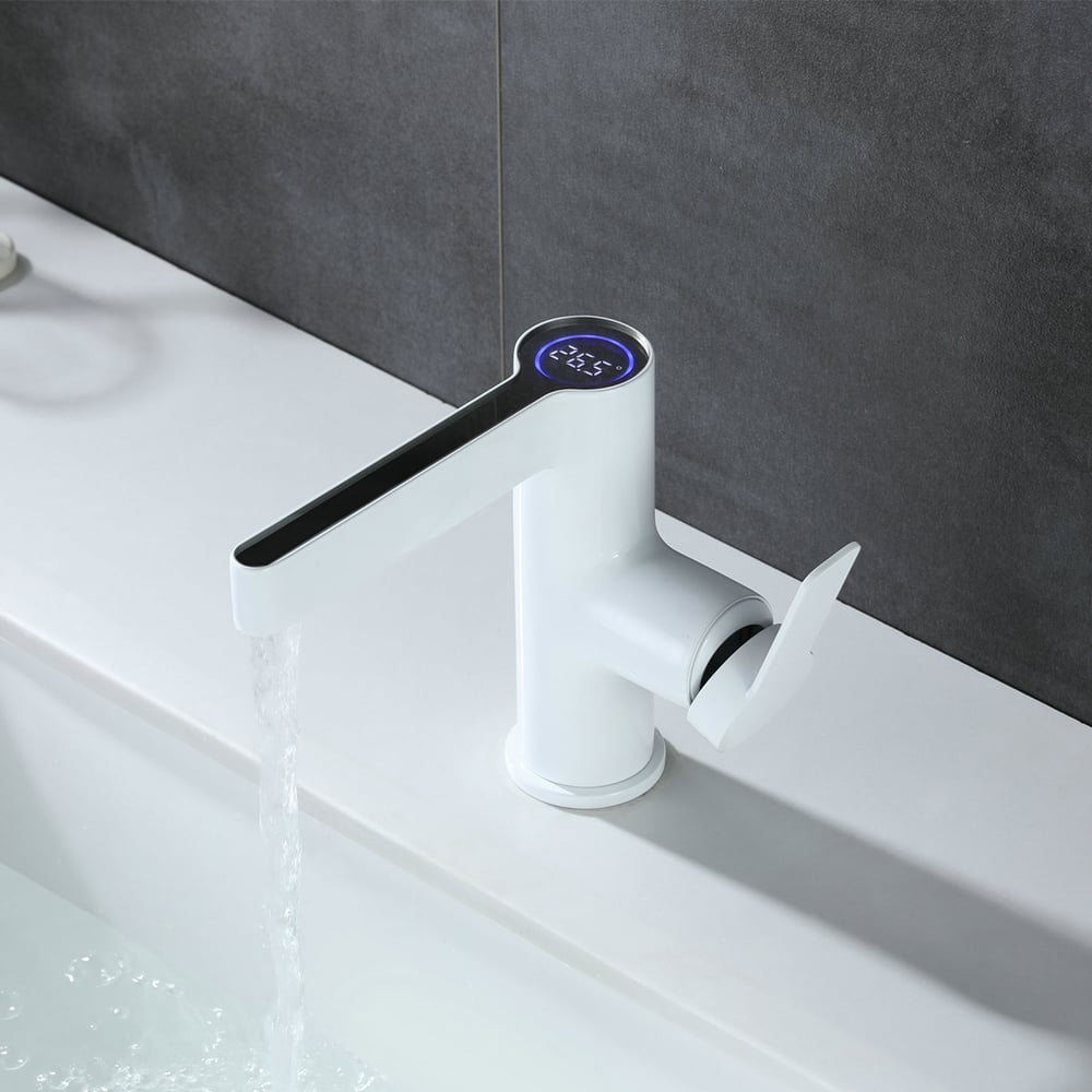 Modern White Single Hole Bathroom Basin Tap Intelligence Temperature Digital Display window image