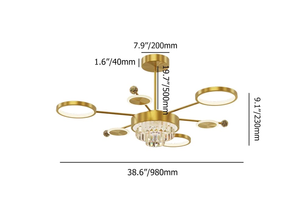 7-Light Gold Sputnik LED Chandelier Brass Ceiling Light with Crystal Accents weights dimensions image