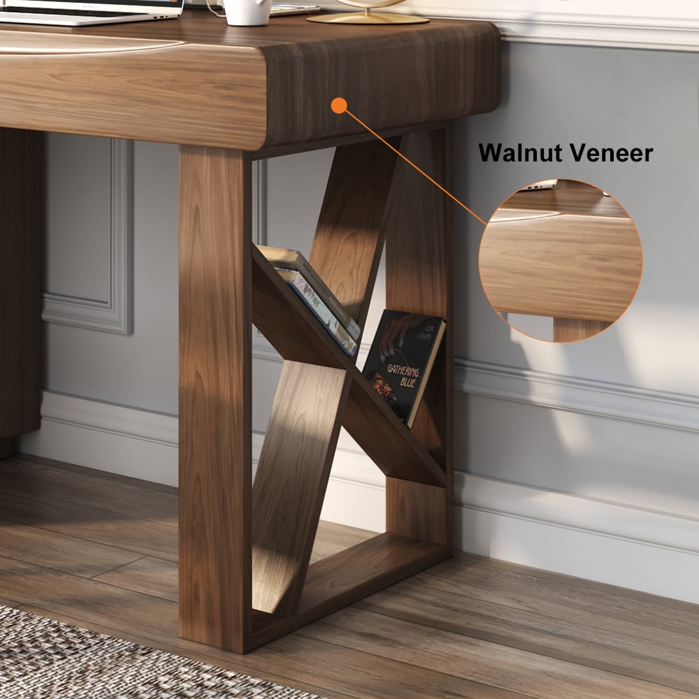 47.2" Modern Walnut Wood Writing Desk with Hutch Office Desk with 5 Drawers & Storage