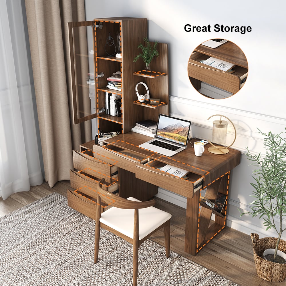 47.2" Modern Walnut Wood Writing Desk with Hutch Office Desk with 5 Drawers & Storage