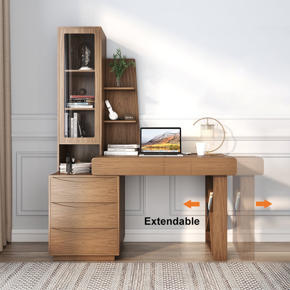 47.2" Modern Walnut Wood Writing Desk with Hutch Office Desk with 5 Drawers & Storage