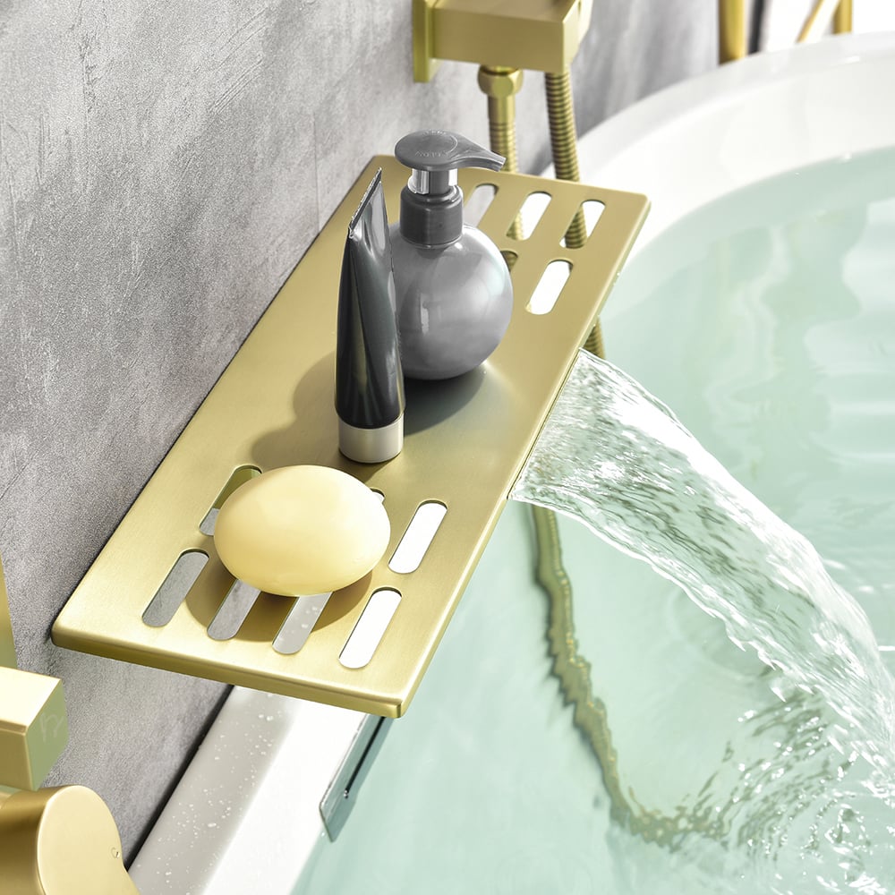 Robinet de baignoire à poignée unique à montage mural moderne cascade avec douchette à main or brossé image de fenêtre