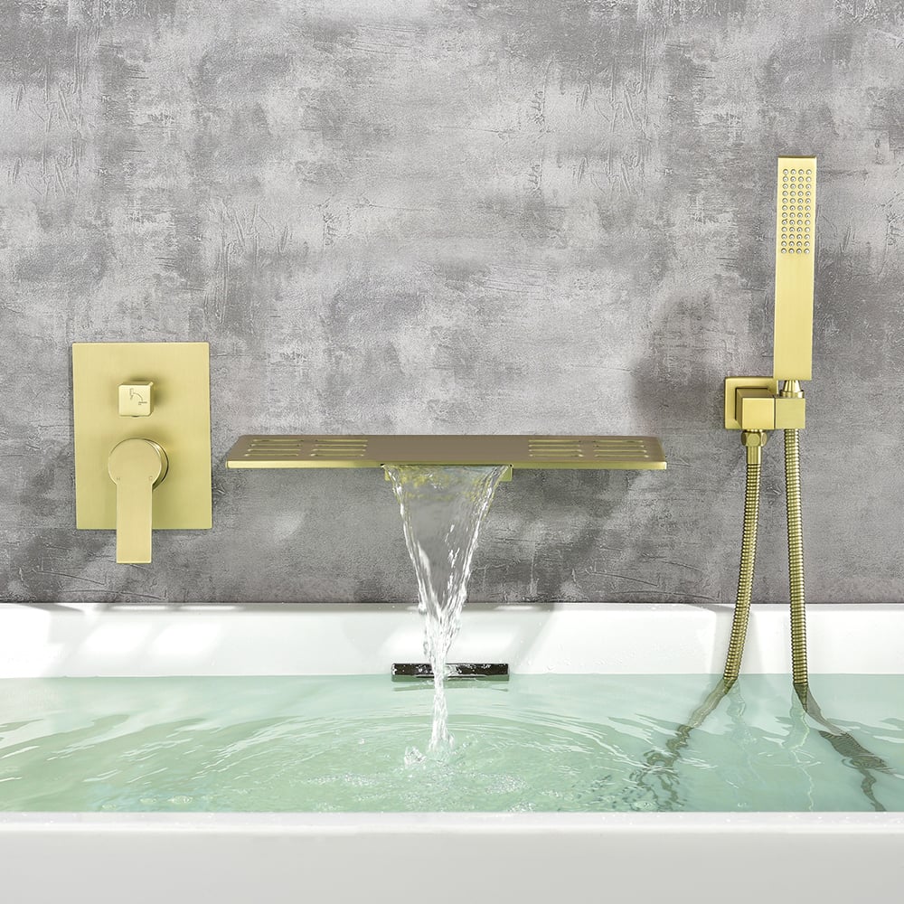 Robinet de baignoire à poignée unique à montage mural moderne cascade avec douchette à main or brossé image de fenêtre