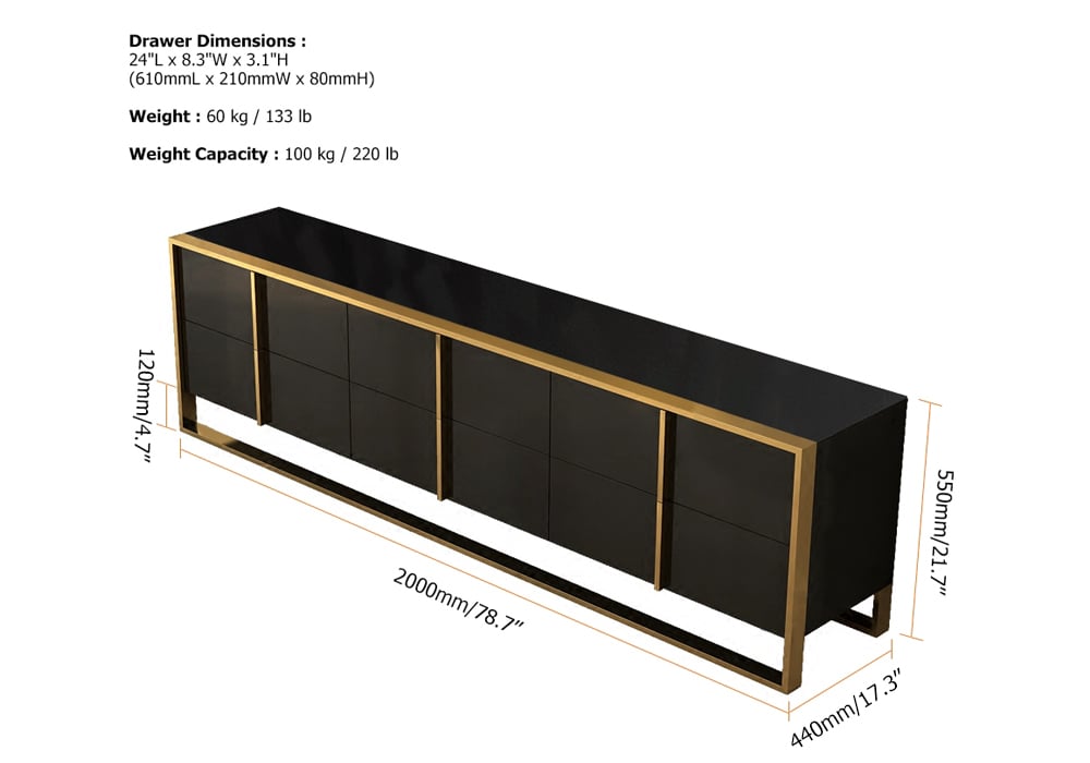 Rimh Zack Black 78" TV Stand Modern Gold Media Console with 6-Drawer & Glass Top weights dimensions image
