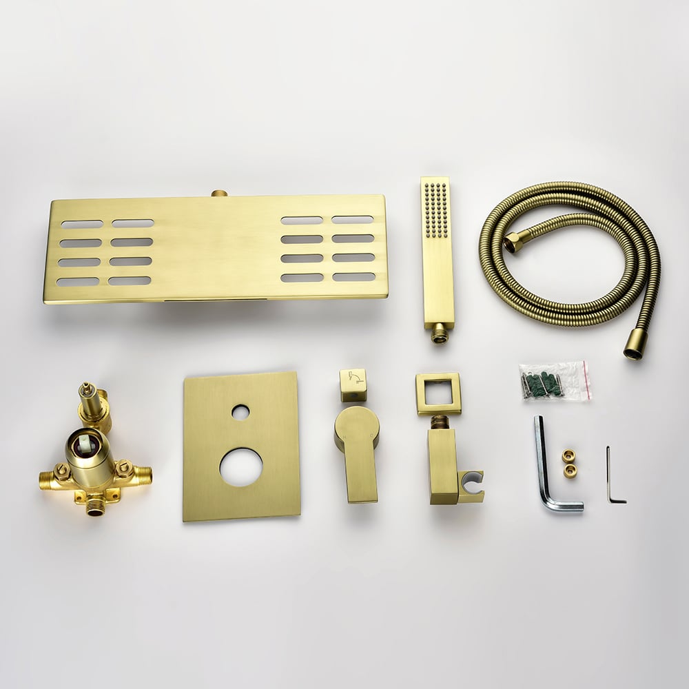 Robinet de baignoire à poignée unique à montage mural moderne cascade avec douchette à main or brossé image de fenêtre