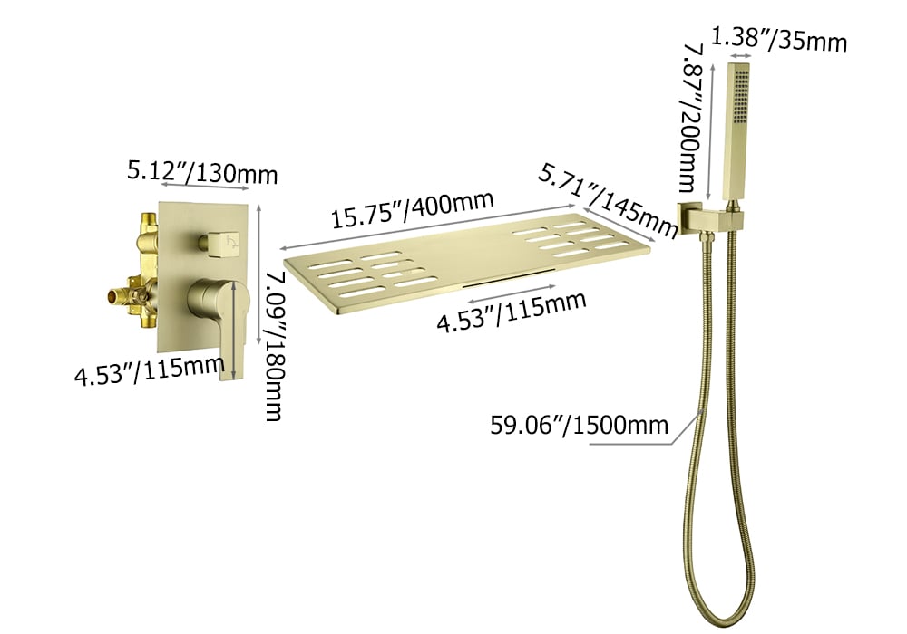 Robinet de baignoire à poignée unique à montage mural moderne cascade avec douchette à main or brossé Poids, dimensions, image
