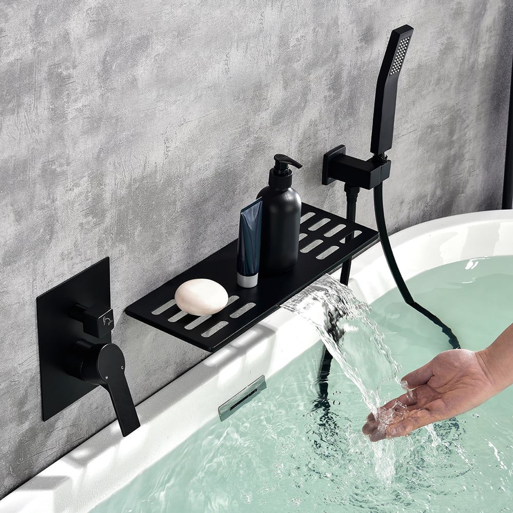 Matte Black Waterfall Wall-Mount Bathroom Sink Faucet - Single Lever, Brass