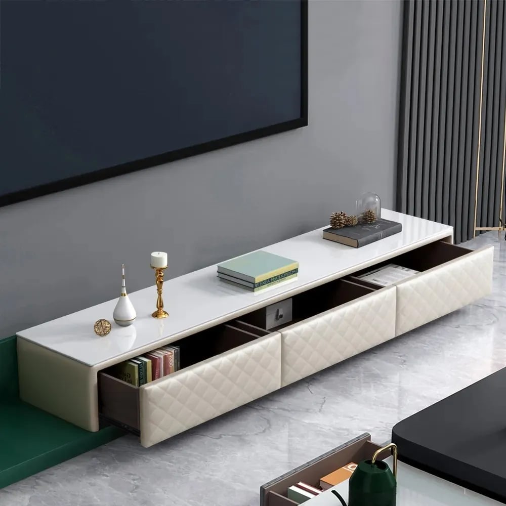 Extendable TV Stand Console with Storage 3 Drawer Upholstered Tempered Glass Top window image