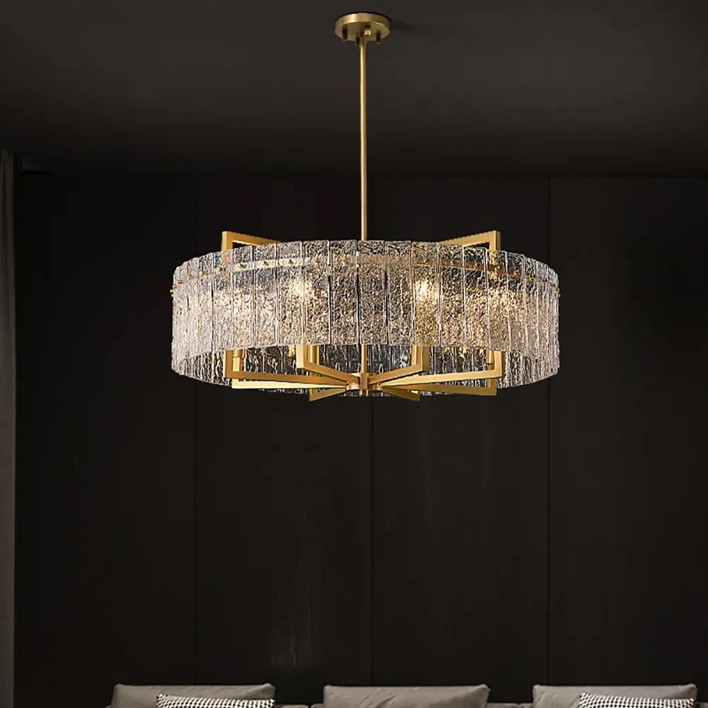 Lustre à tambour moderne en laiton 10 lumières avec tige de suspension réglable image de fenêtre