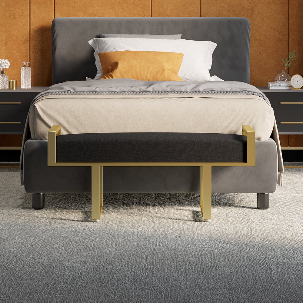 Black Bedroom Bench with Gold Base Linen Upholstered Ottoman Entryway Bench window image