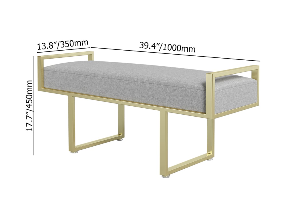 Modern Bedroom Bench Gray Linen Upholstered Ottoman Bench with Gold Legs Entryway weights dimensions image