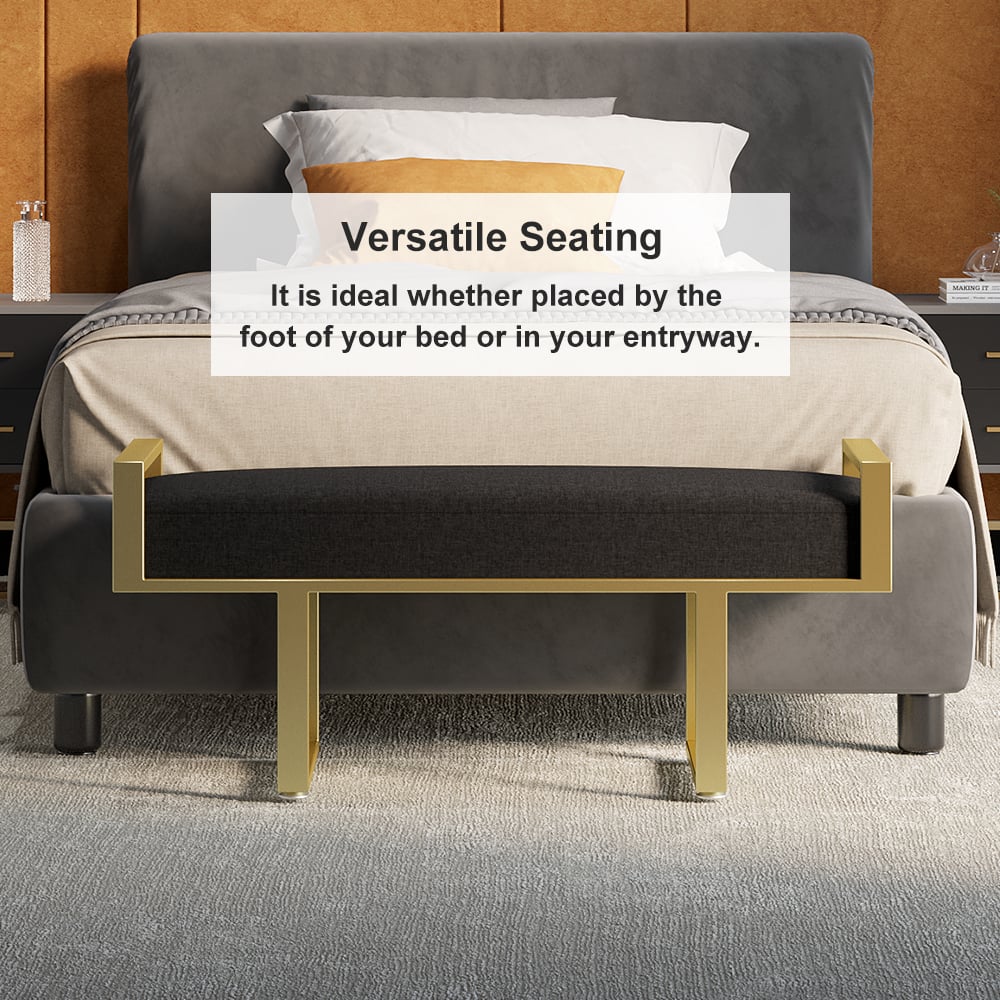 Black Bedroom Bench with Gold Base Linen Upholstered Ottoman Entryway Bench window image
