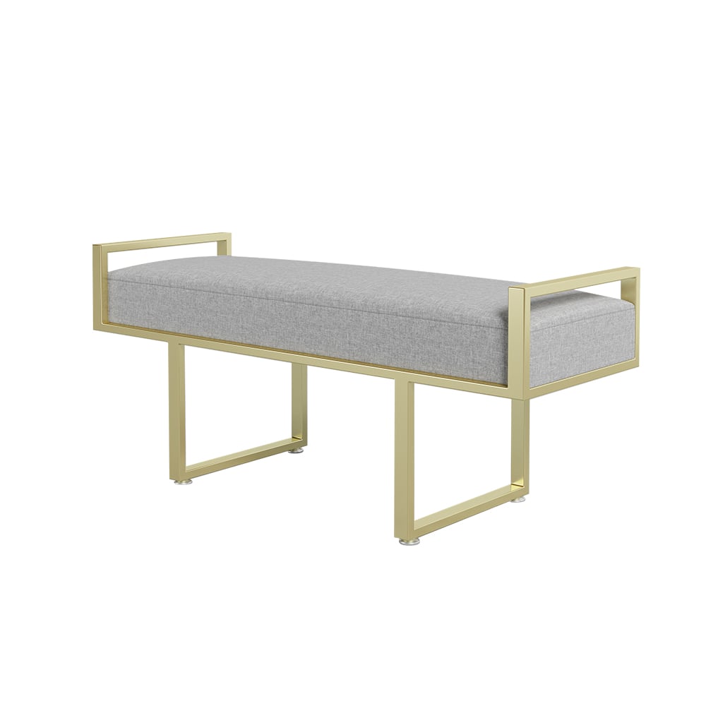 Modern Bedroom Bench Gray Linen Upholstered Ottoman Bench with Gold Legs Entryway window image