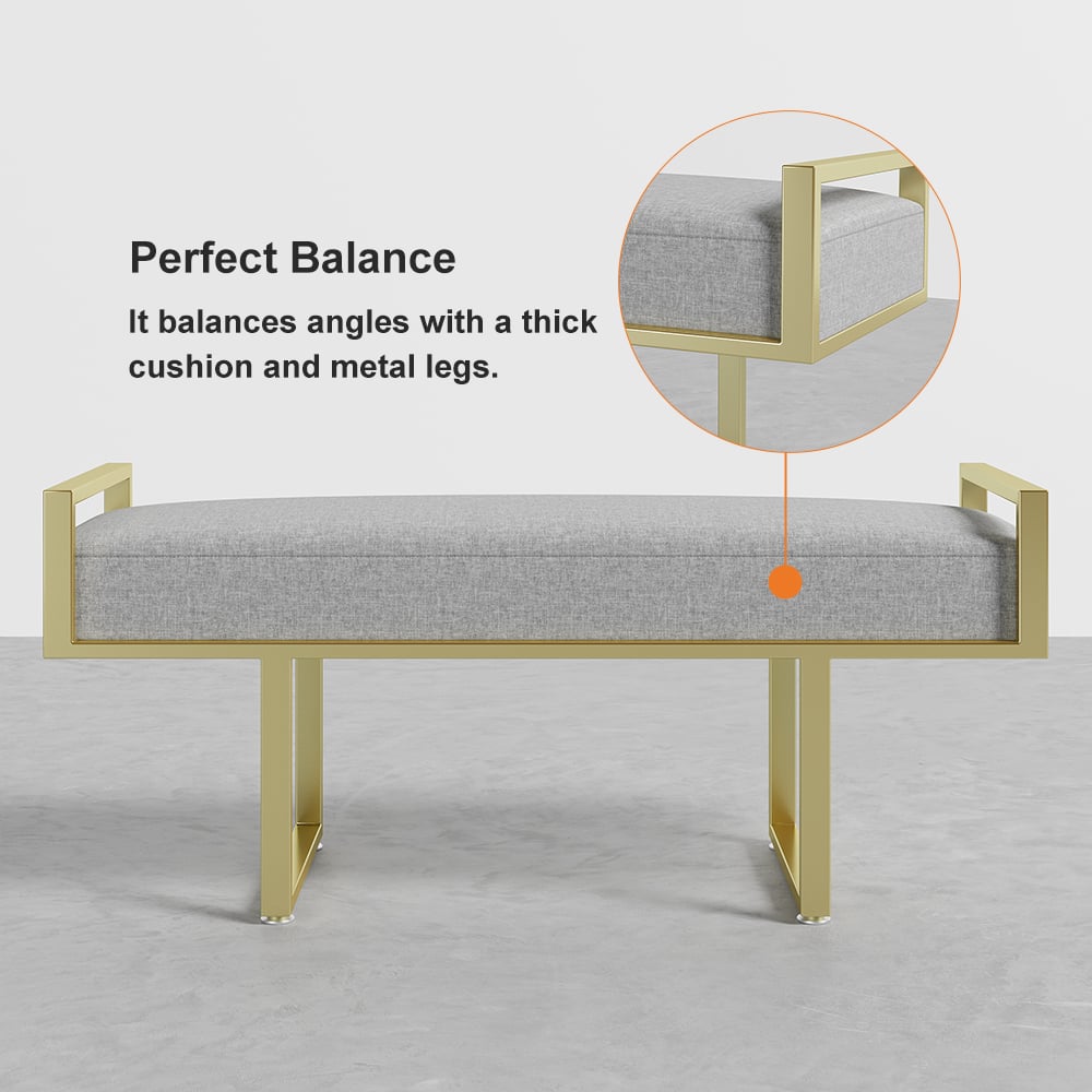 Modern Bedroom Bench Gray Linen Upholstered Ottoman Bench with Gold Legs Entryway window image