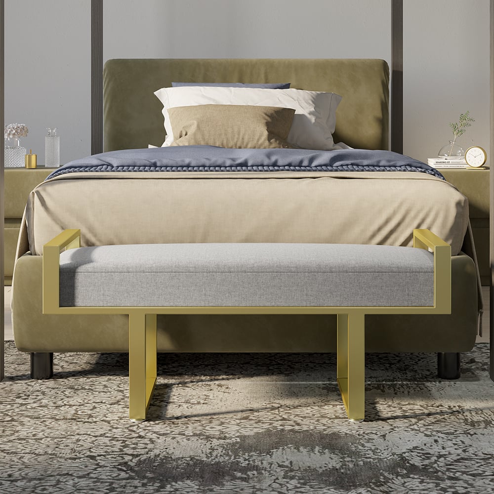 Modern Bedroom Bench Gray Linen Upholstered Ottoman Bench with Gold Legs Entryway window image