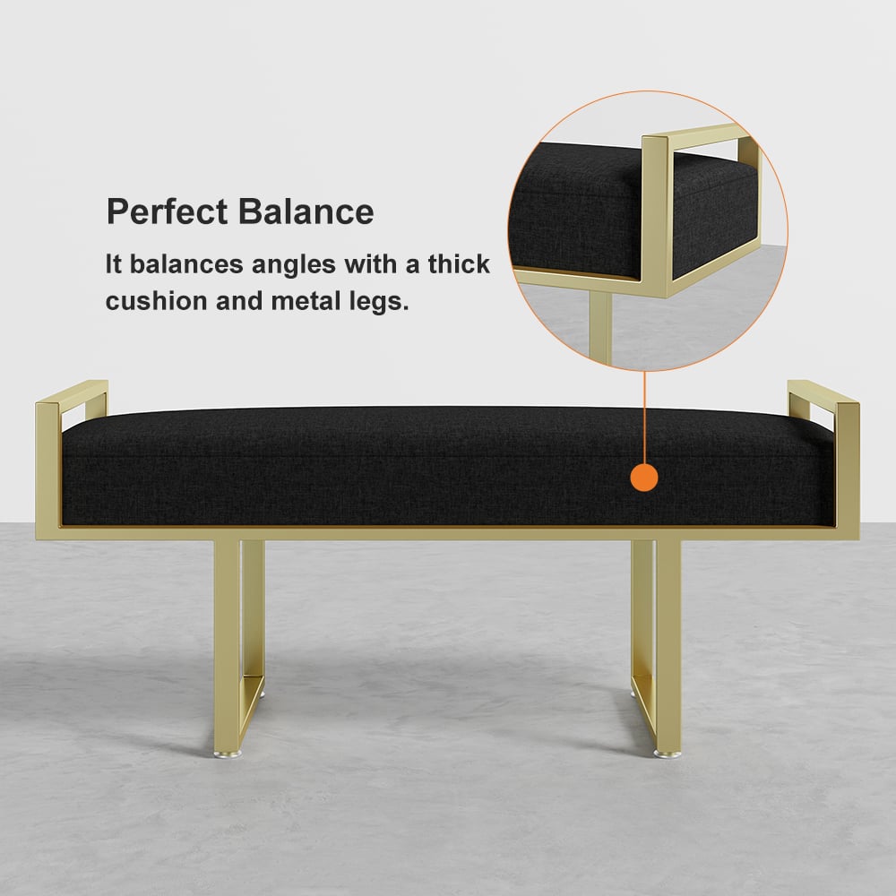 Black Bedroom Bench with Gold Base Linen Upholstered Ottoman Entryway Bench window image