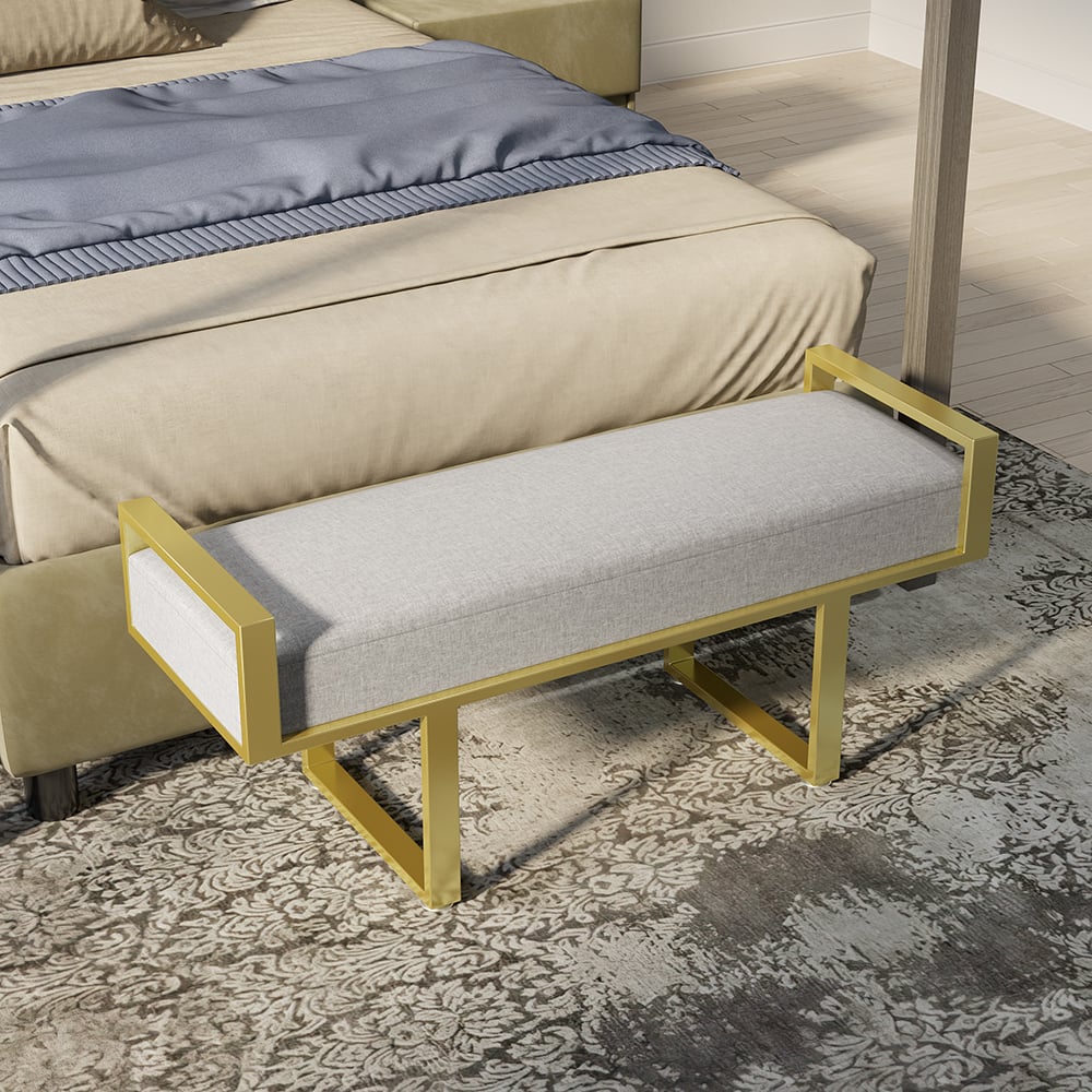 Modern Bedroom Bench Gray Linen Upholstered Ottoman Bench with Gold Legs Entryway window image