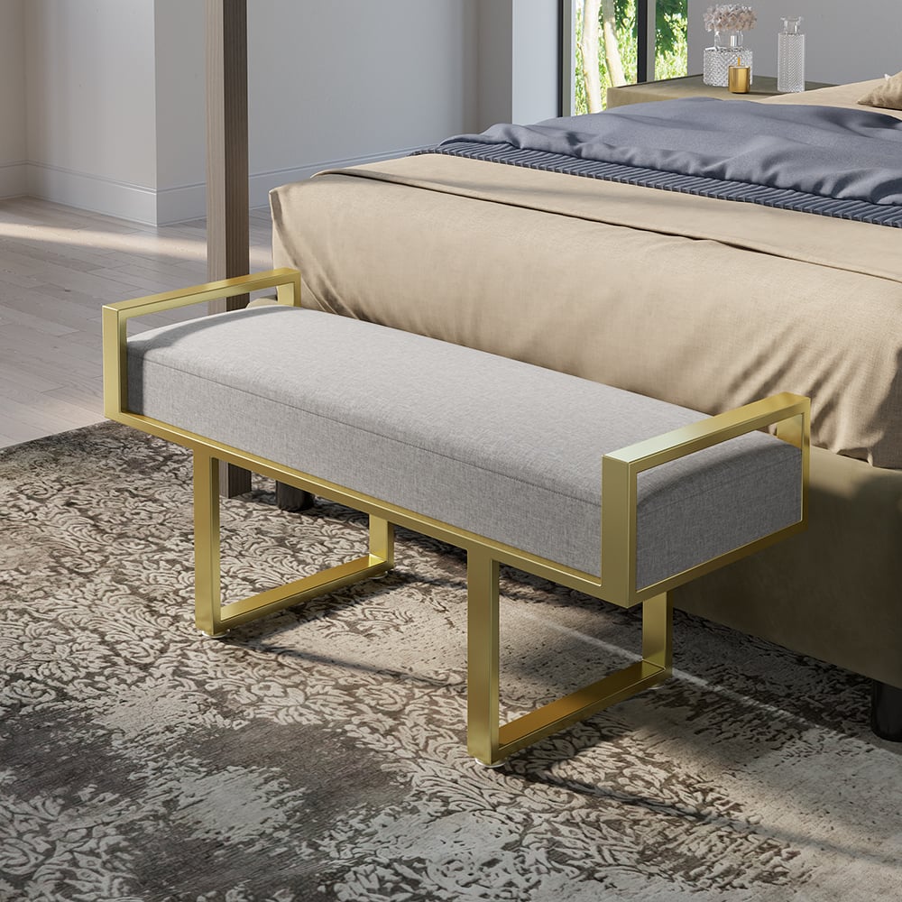 Modern Bedroom Bench Gray Linen Upholstered Ottoman Bench with Gold Legs Entryway window image
