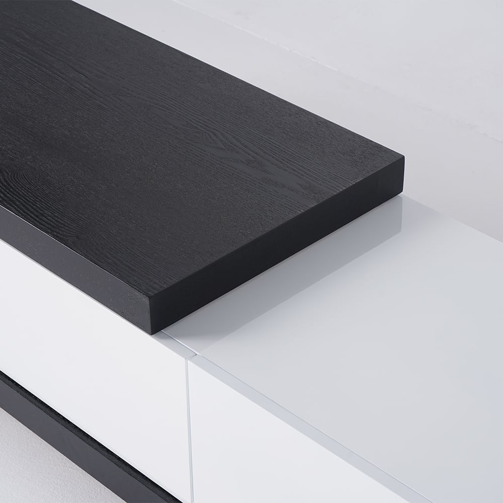 Armário de TV extensível Quoint com 3 gavetas de 179 cm a 255 cm em preto e branco Imagem da janela