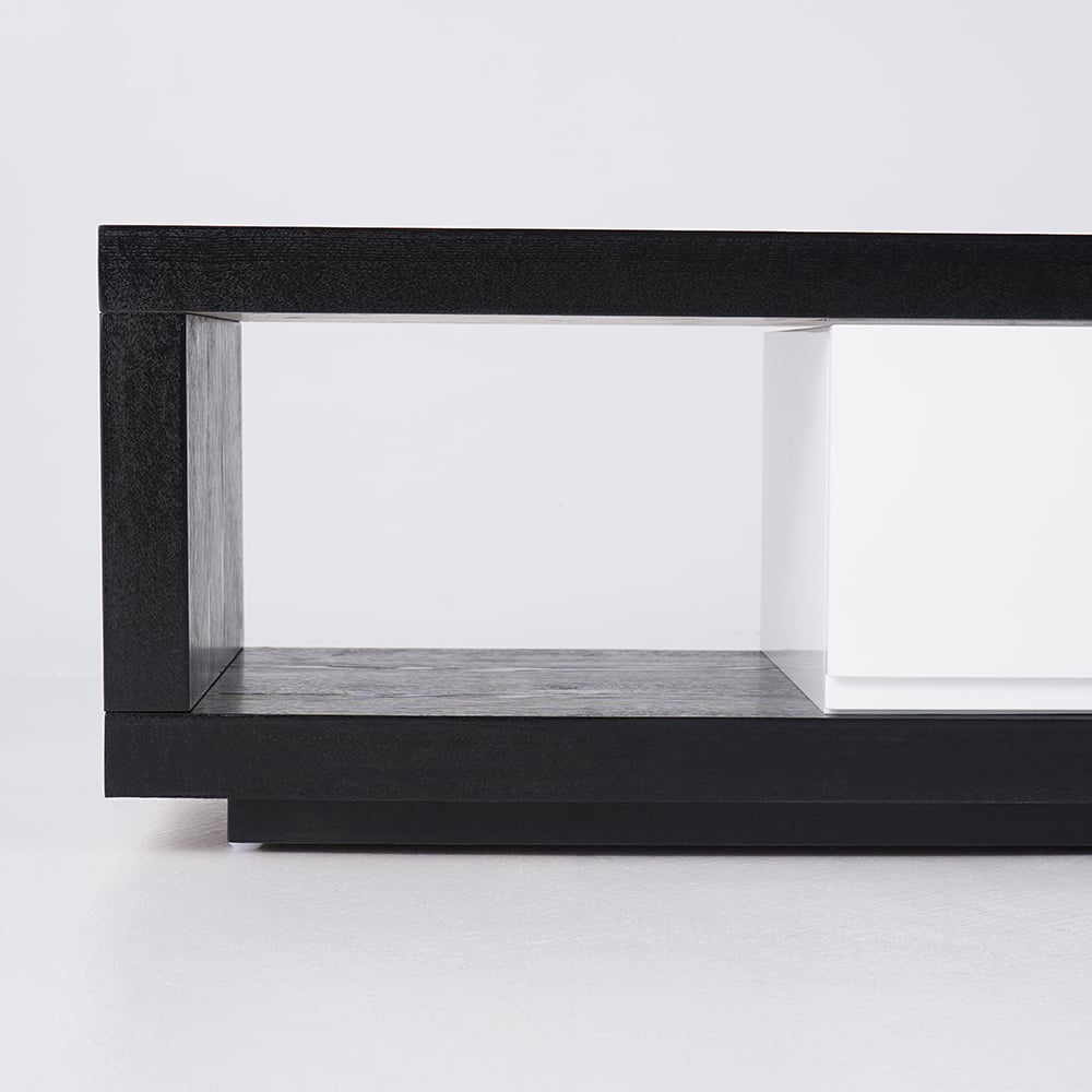 Armário de TV extensível Quoint com 3 gavetas de 179 cm a 255 cm em preto e branco Imagem da janela