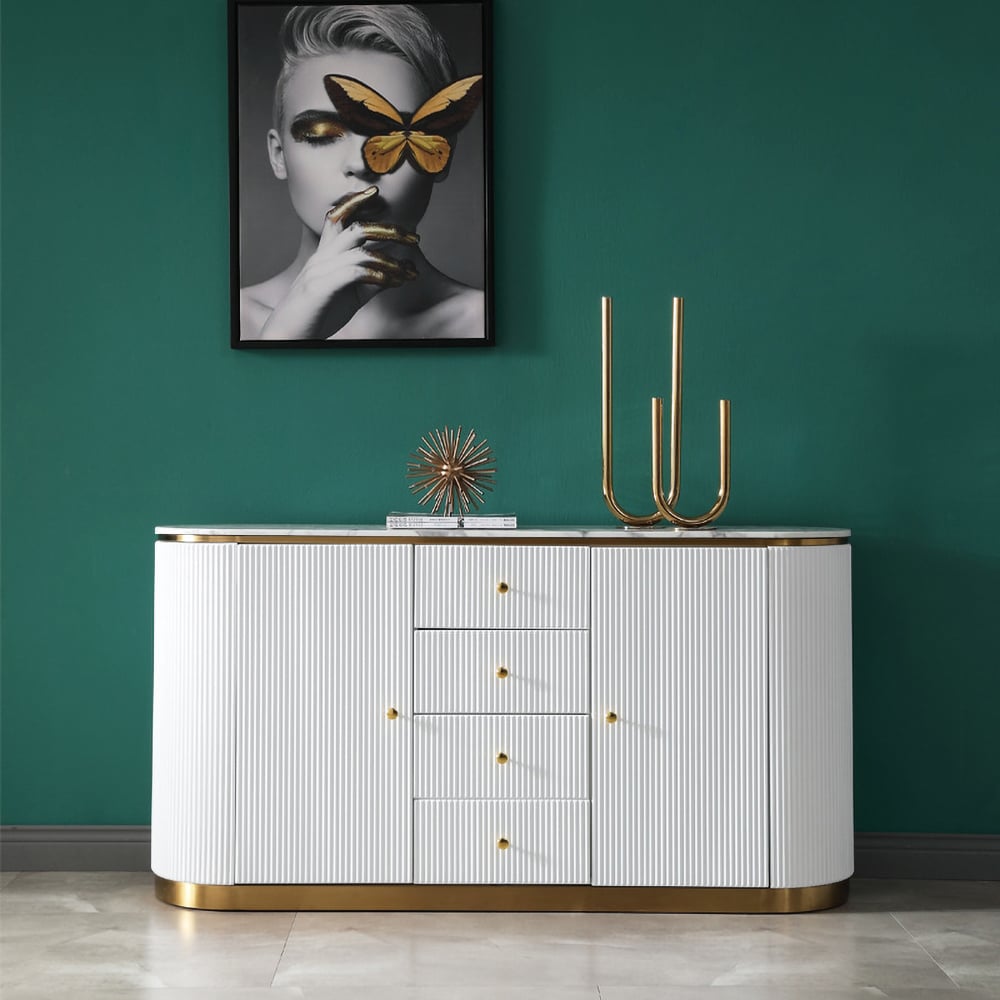 White Sideboard Buffet Marble Top Modern Sideboard with Drawers & Doors in Gold window image